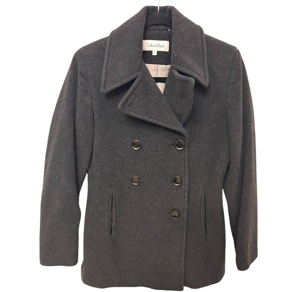 Calvin Klein Women's Double Breasted Wool Blend Peacoat Jacket Charcoal Gray 2